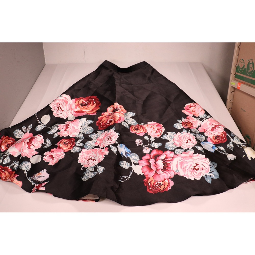 Floral Maxi Skirt Black Pink Red Rose Print High Waist A-Line Full Length Skirt